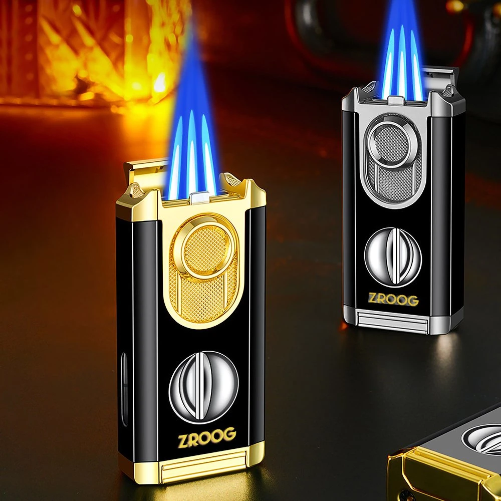 New Custom Brand Luxury Metal Cigar Lighter and Punch Cutter Gift Set Custom Logo Butane Zinc Alloy Cigar Lighter Cutter