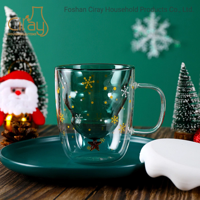 Christmas Glass Cup Borosilicate Glass Mug Christmas Tree Cup Christmas Gift Double Wall Glass Cup 300ml