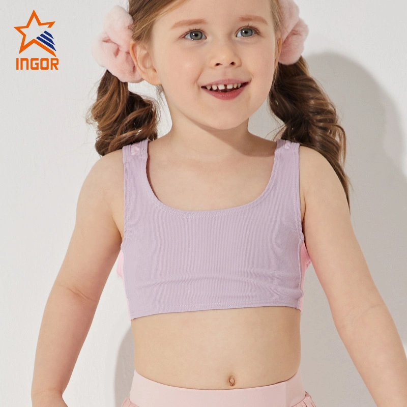 Ingorsports Kids Activewear Rib and Mesh Detail Material Opening Back Crop Top Children Swimwear Sports Wear