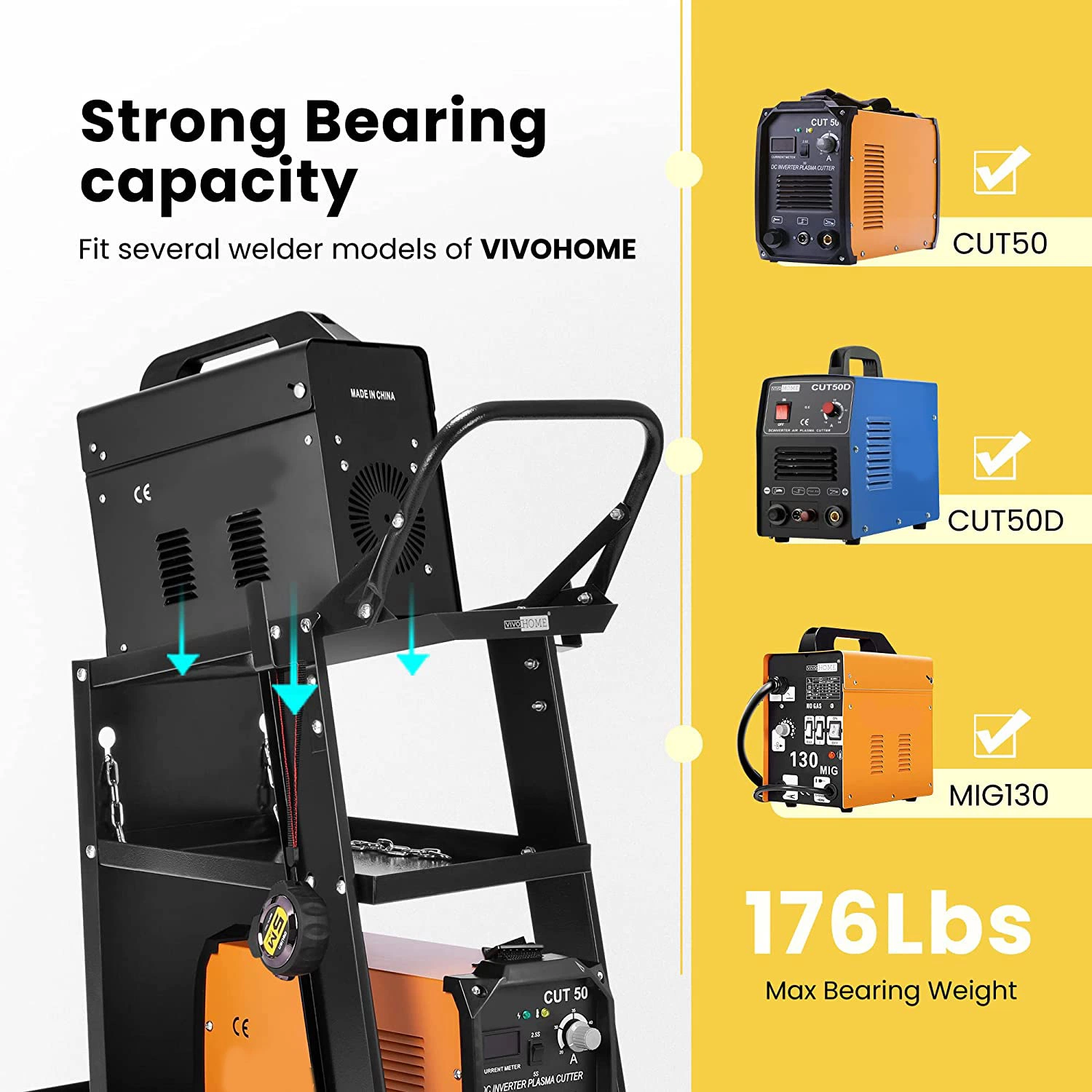 عربة لحام مزودة بعجلات مطورة من نوع Iron 3 Tiers Rolling Cart مع عجلات مطورة و تخزين الخزان لمولع TIG MIG وزبدة البلازما باللون الأسود