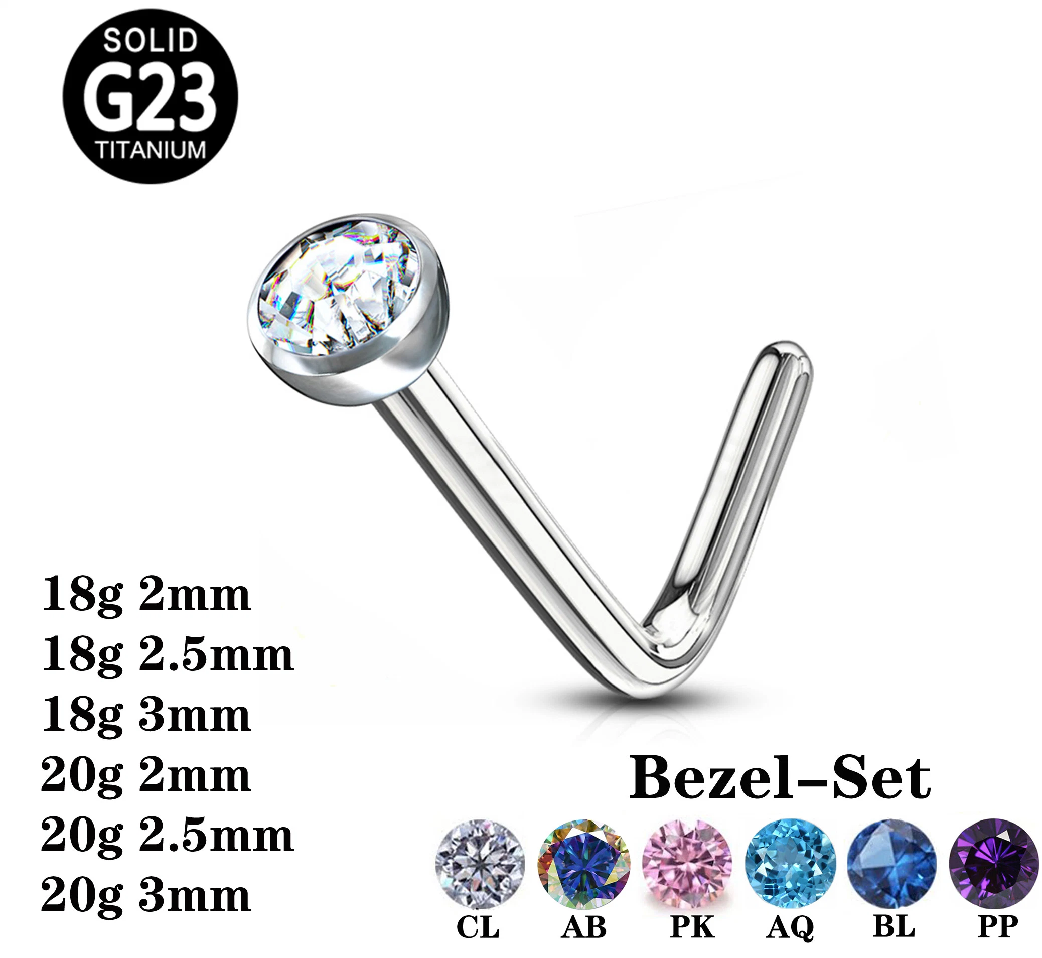 Gzn ASTM F136 Titanium Bezel Set CZ Stone L Bend Nose Studs Body Piercing Jewelry