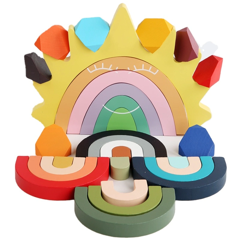 Amazon Hot Sale Funny Eco-Friendly Montessori Educational Wooden Stacking Bricks Toys Rainbow Building Blocks for Kids