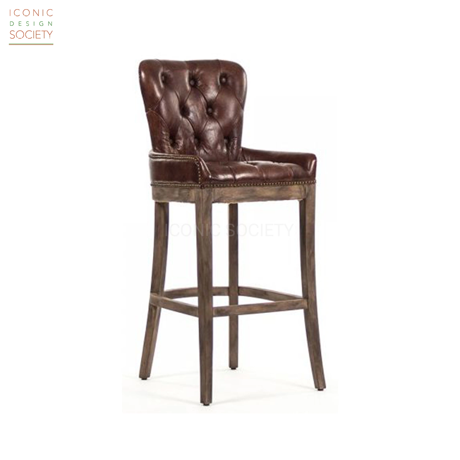 Vintage гостиной мебель для дома и офиса гостиницы Armless Tufted Barstool деревянные опоры натуральная кожа счетчик бар табурет