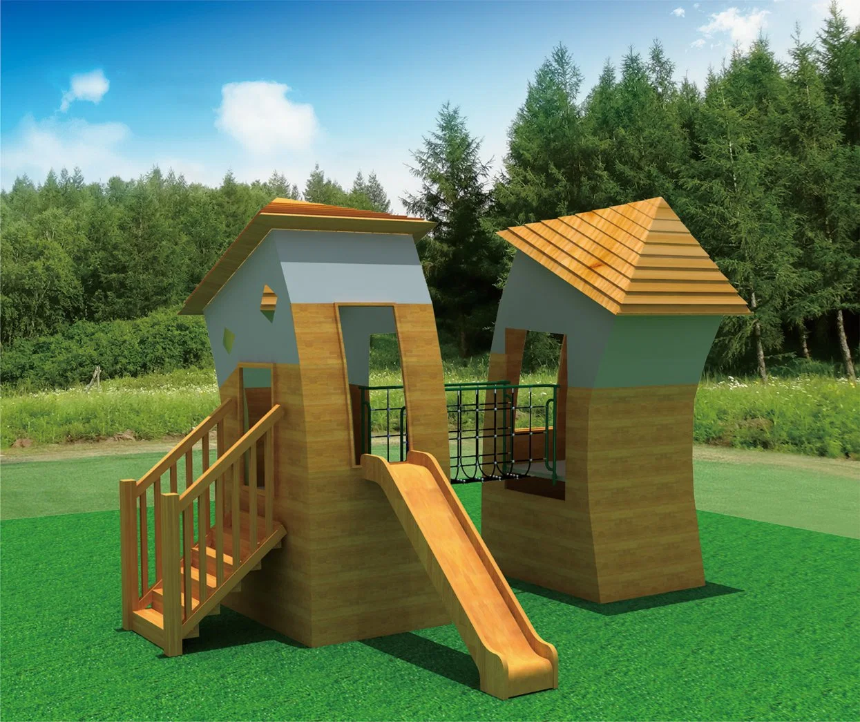 Wooden Log Cabin Kids Play Area Slides Outdoor Playground Equipment Creative Toys