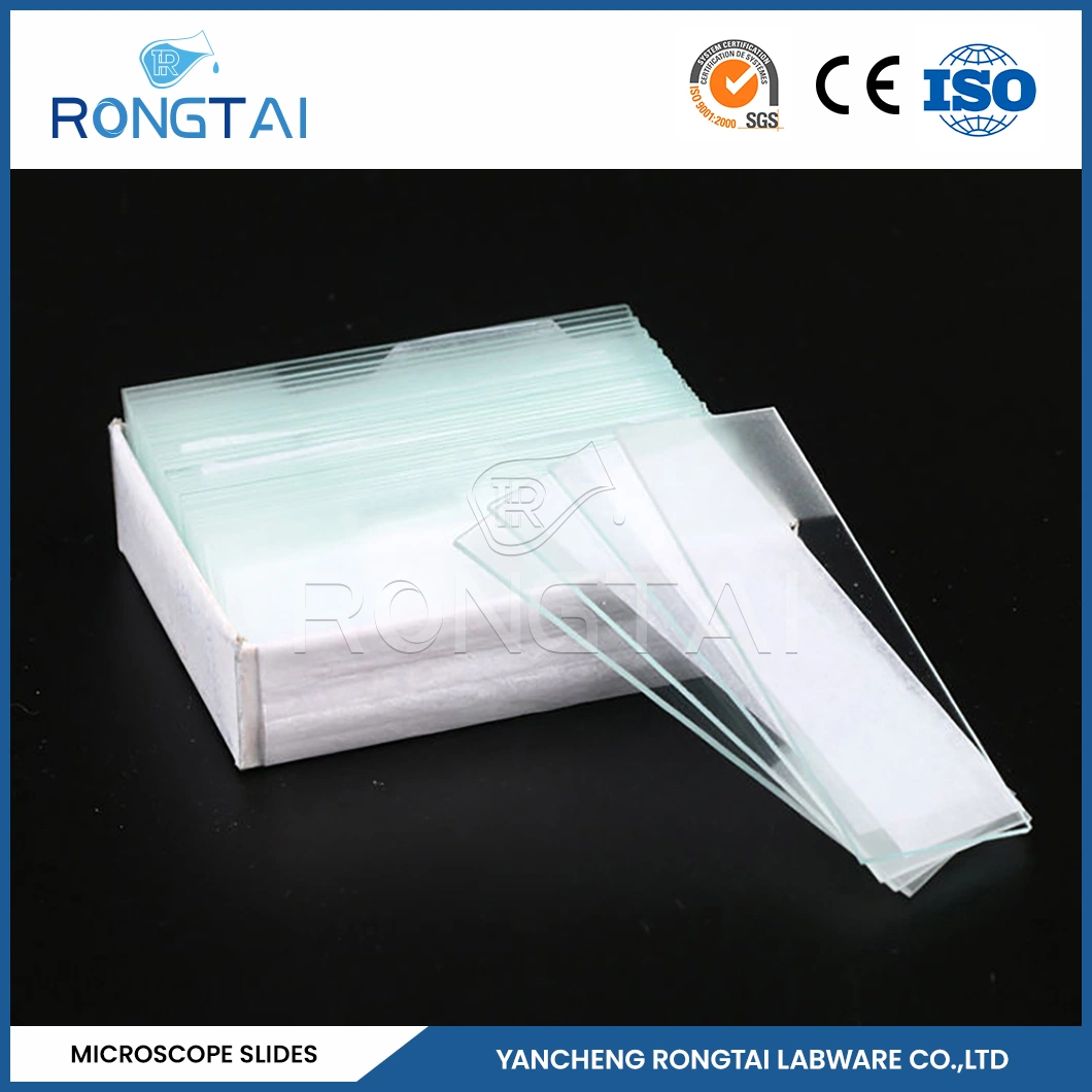 Tapa de Rongtai vidrio microscopio fábrica portaobjetos portaobjetos de microscopio bordes desmolidos China 7101 7102 7105 7107 7109 16mm diapositivas de vidrio redondas