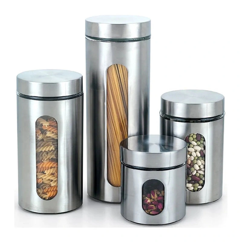 Factory Wholesale/Supplier Kitchen Brushed Stainless Steel Glass Tea Coffee Sugar Storage Jar Canister Set with Metal Lid