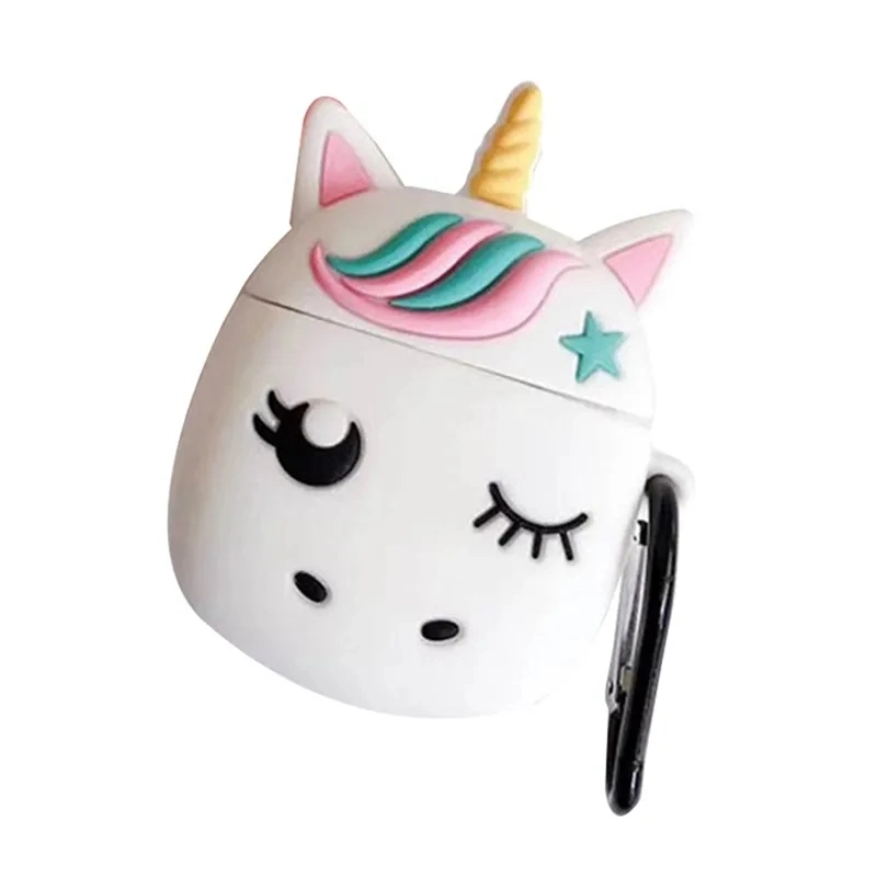 Cute Silicone Case for Airpod 1 2 3D Cute Unicorn White Cartoon Protective Earphone Case for Air Pod Cover Bag with Carabiner