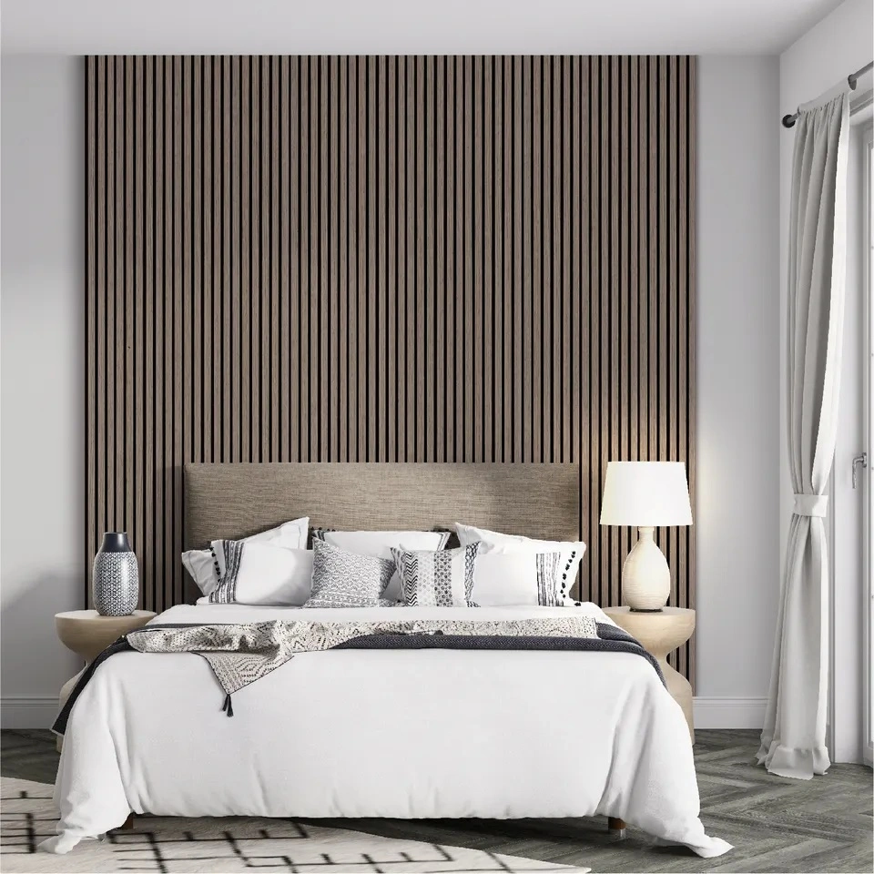 Olanglab Wood Slat Wall Panels Lattenwand Sound Absorbing Soundproof Acoustic Panels 3D Wood Wall Tiles for Interior Wall Decor