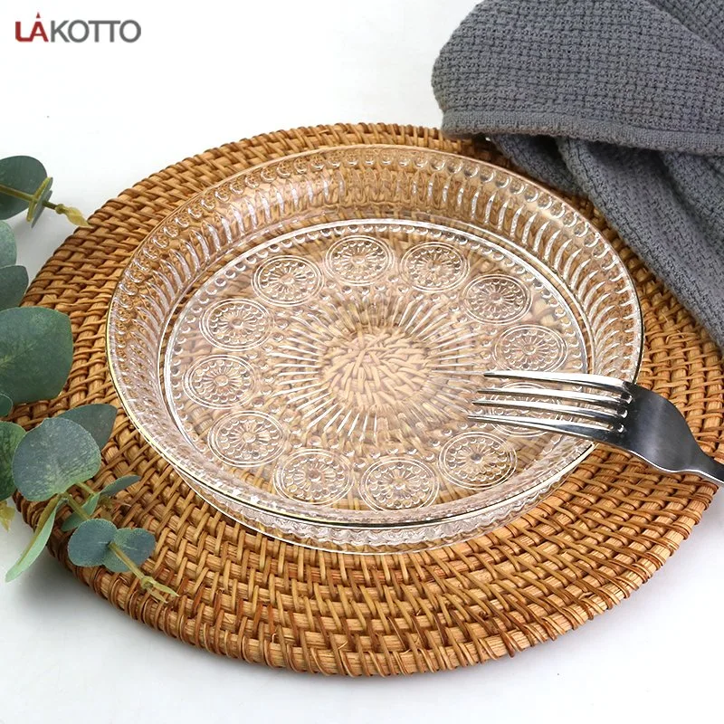 Mariage de la qualité lourde vaisselle en verre plat rond du chargeur de dîner avec la plaque gravée motif de tournesol et d'or Rim