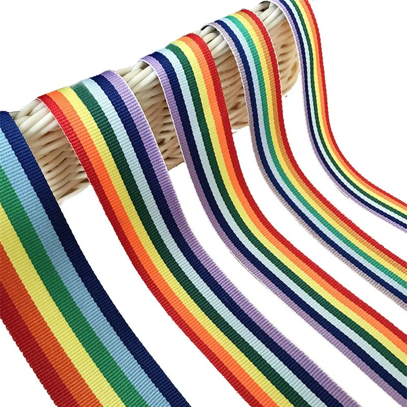 Customized Gift Packing Decoration Polyester Woven Striped Tape Double Face Rainbow Ribbon