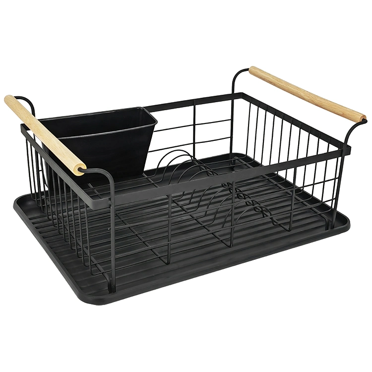 Kitchenware Metal Storage Shelf Plate Rack Dish Drainer Dish Drying Rack with Wood Handle