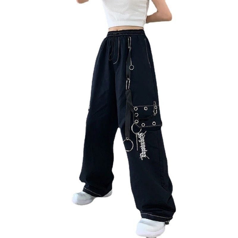 Black Embroidery Overalls Women's French Style Loose Slim Punk Chain Street Gym Casual Sports Wear High Waist Wide Leg Pants