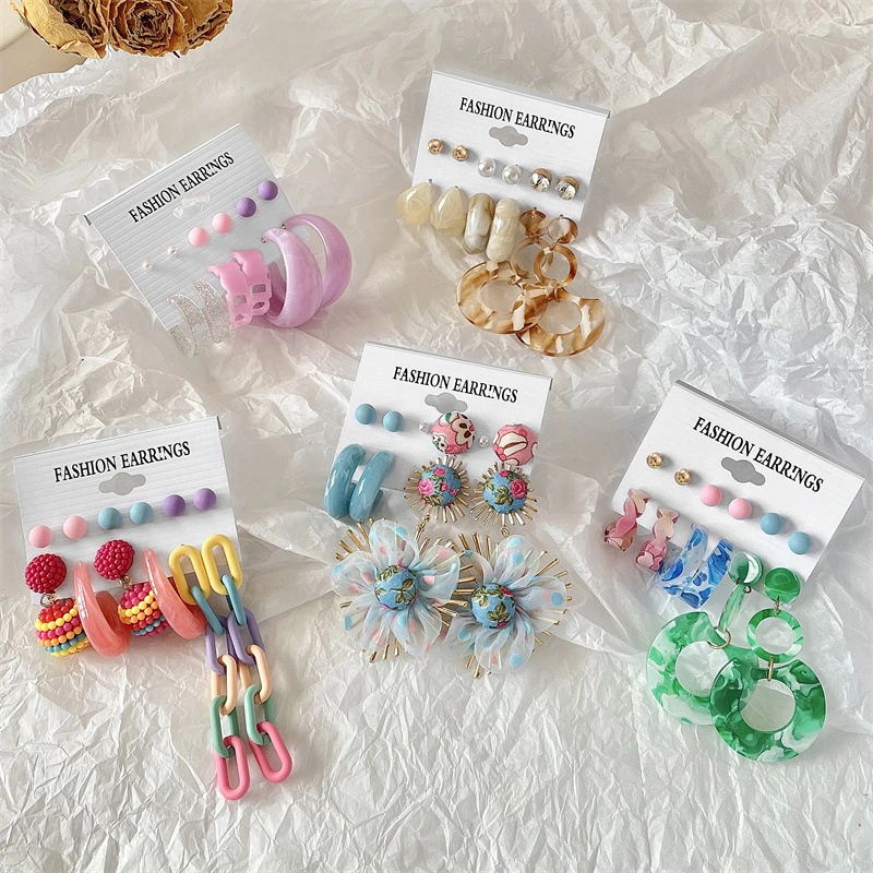 Conjunto de pendientes de resina en colores de caramelos coreanos para mujeres y niñas