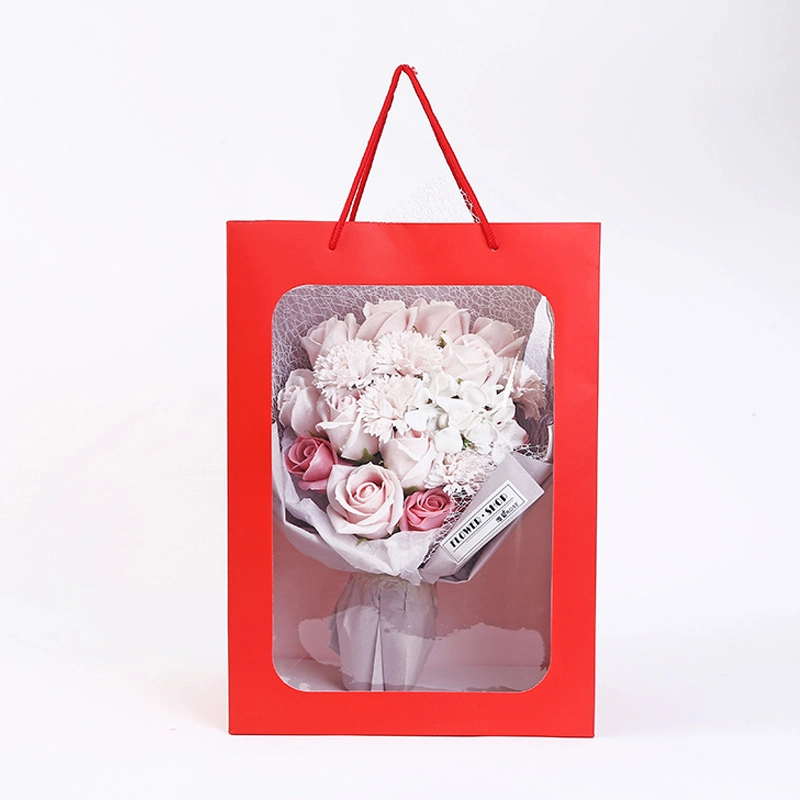 Transparent Window Rose Bouquet Flower Bag Paper Packaging/Flowers Doll Shopping Gift/Custom Logo Cheap Carry Paper Bag