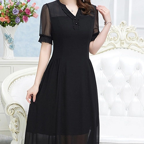 New Summer Ankle-Length Lace Short-Sleeved V-Neck with Button A-Line Plus Size Dresses Women