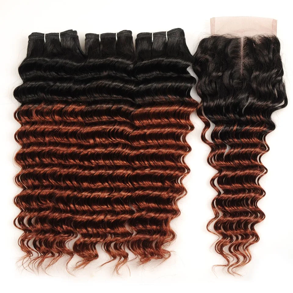 Ombre Brazilian Deep Wave 3 Bundles with Closure 1b 33 Human Hair Weave with Closure Shine Silk Non Remy Two Tone Dark Brown