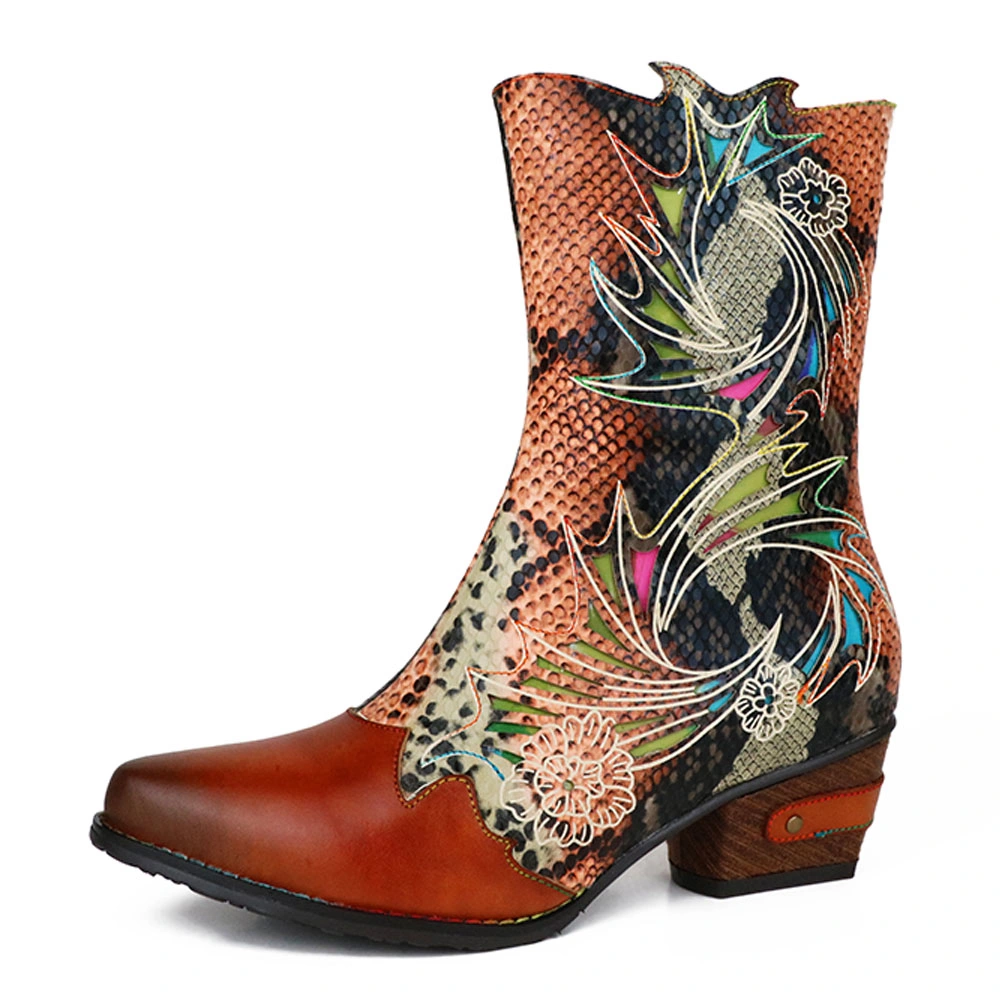 Lady&prime; S Vintage Laser Snake Pattern Booties Handpainted Leather Fashion Boots