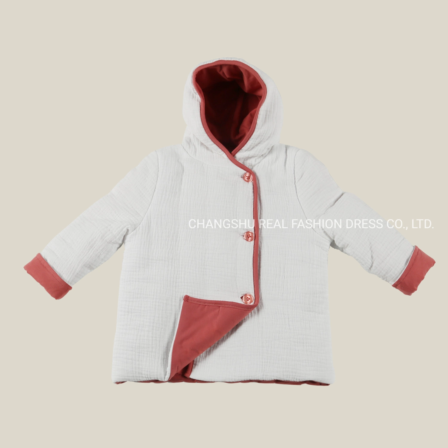 Boy Baby White Orange Contrast Color Woven Padding Jacket Clothes with Hood and Front Button Placket