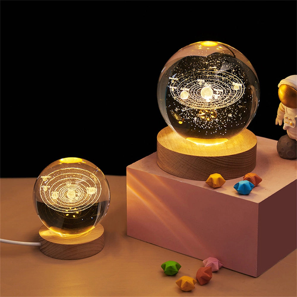 3D Luminous Solar System Carved LED Crystal Ball Light with Removable Ball