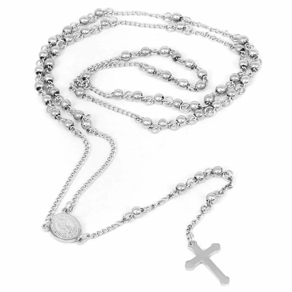 Rosary Bead Cross Y Religious Necklace for Women Men 24inch Stainless Steel Fashion Jewelry