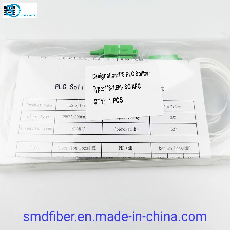 FTTH 1X8 0.9mm Mini Blockless Fiber Optic PLC Splitter with Sc/APC Connector