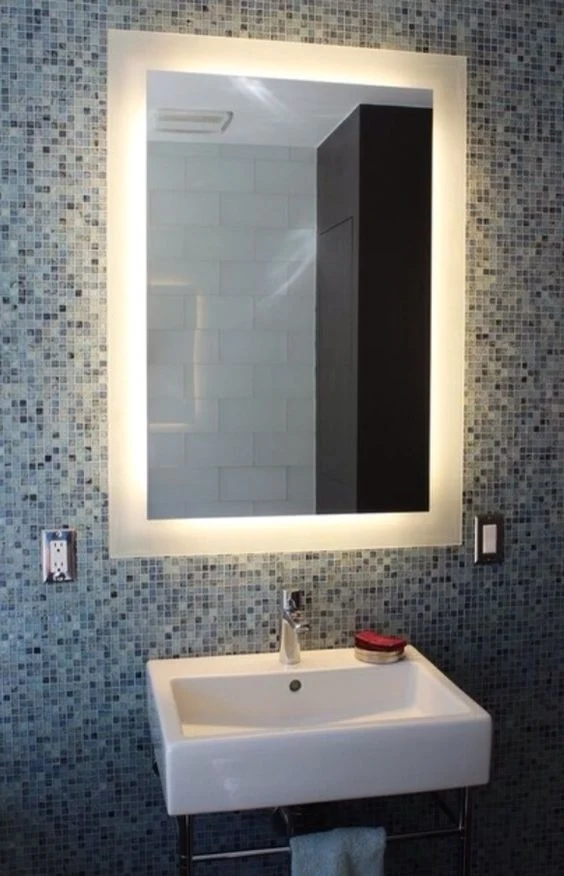 Espejo LED rectangular para baño con montaje en pared, espejo arenado con sensor táctil, luz regulable y temperatura para decoración del hogar