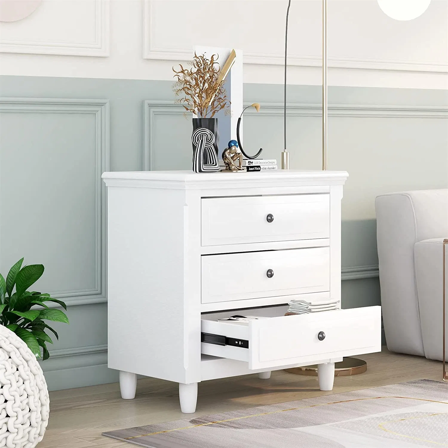 White 3-Drawer Nightstand Wood Cabinet Bedside Table with Solid Pine Wood Legs