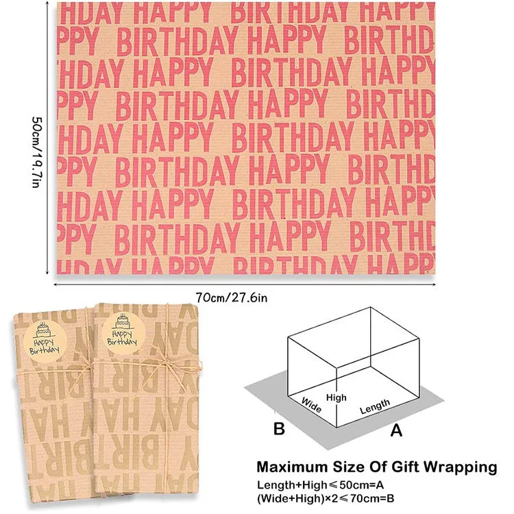 Happy Birthday Recycled Brown Kraft Folded Paper Gift Wrapping Paper Roll