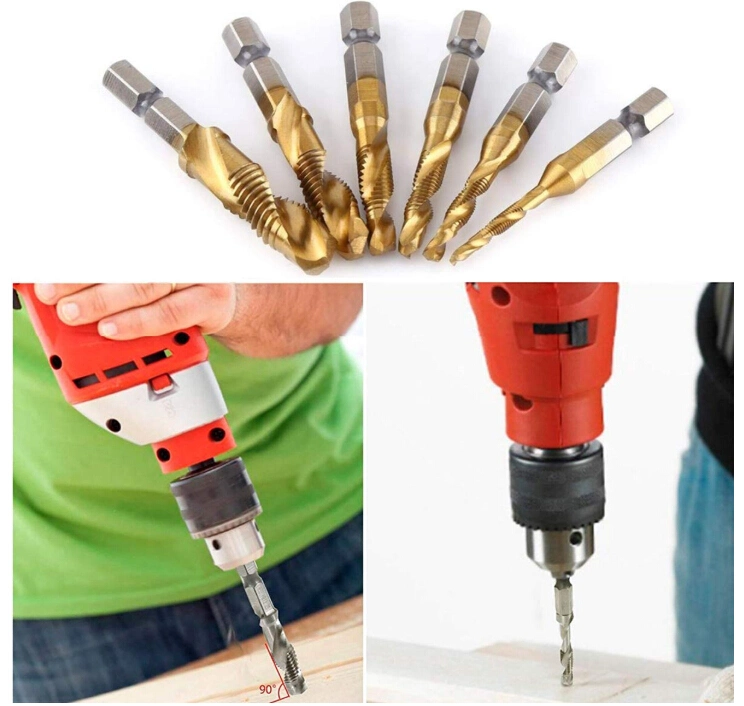 6 PCS 1/4" HSS Spiral Hex Shank Combination Drill Screw Tap Bit Set (M3-M10) with Automatic Spring Loaded Center Punch Tool