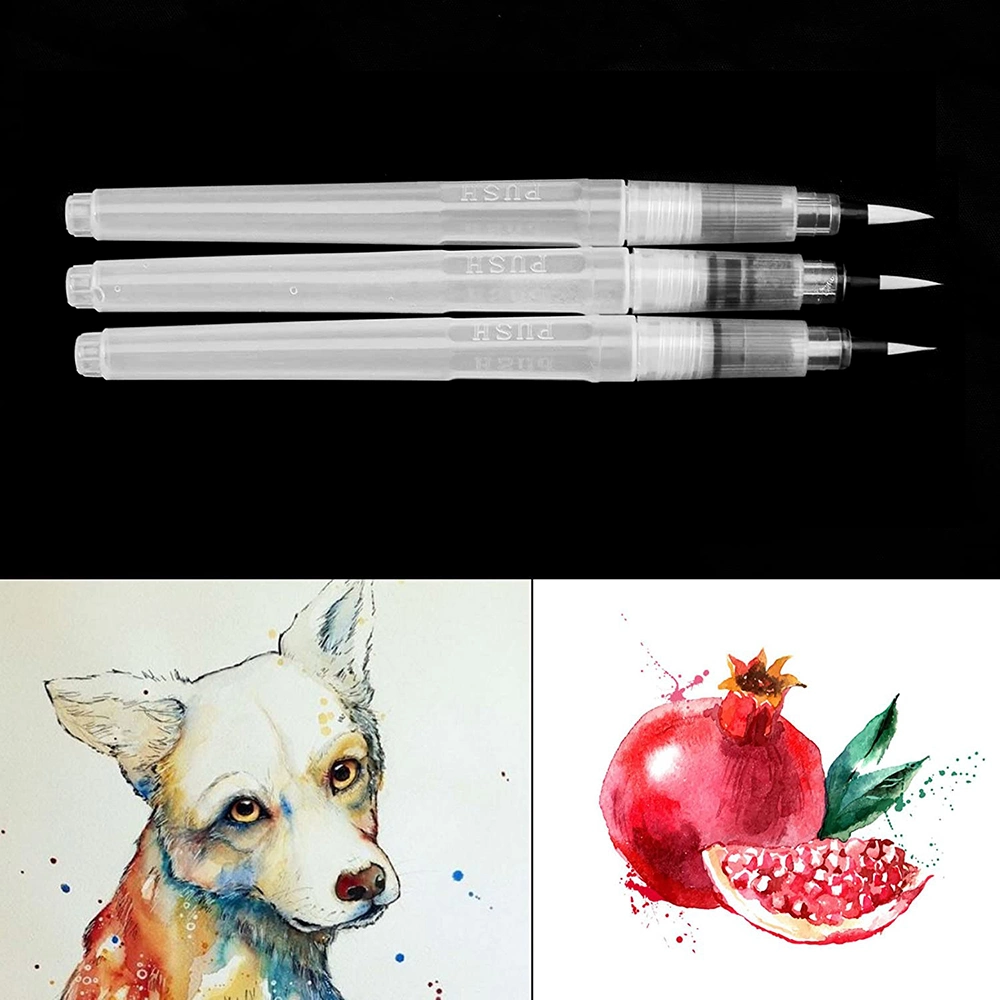 21175 Water Brush 3 Water-Soluble Pencil Brushes with Watercolor and Chalk Water Paint Flat Round Pens