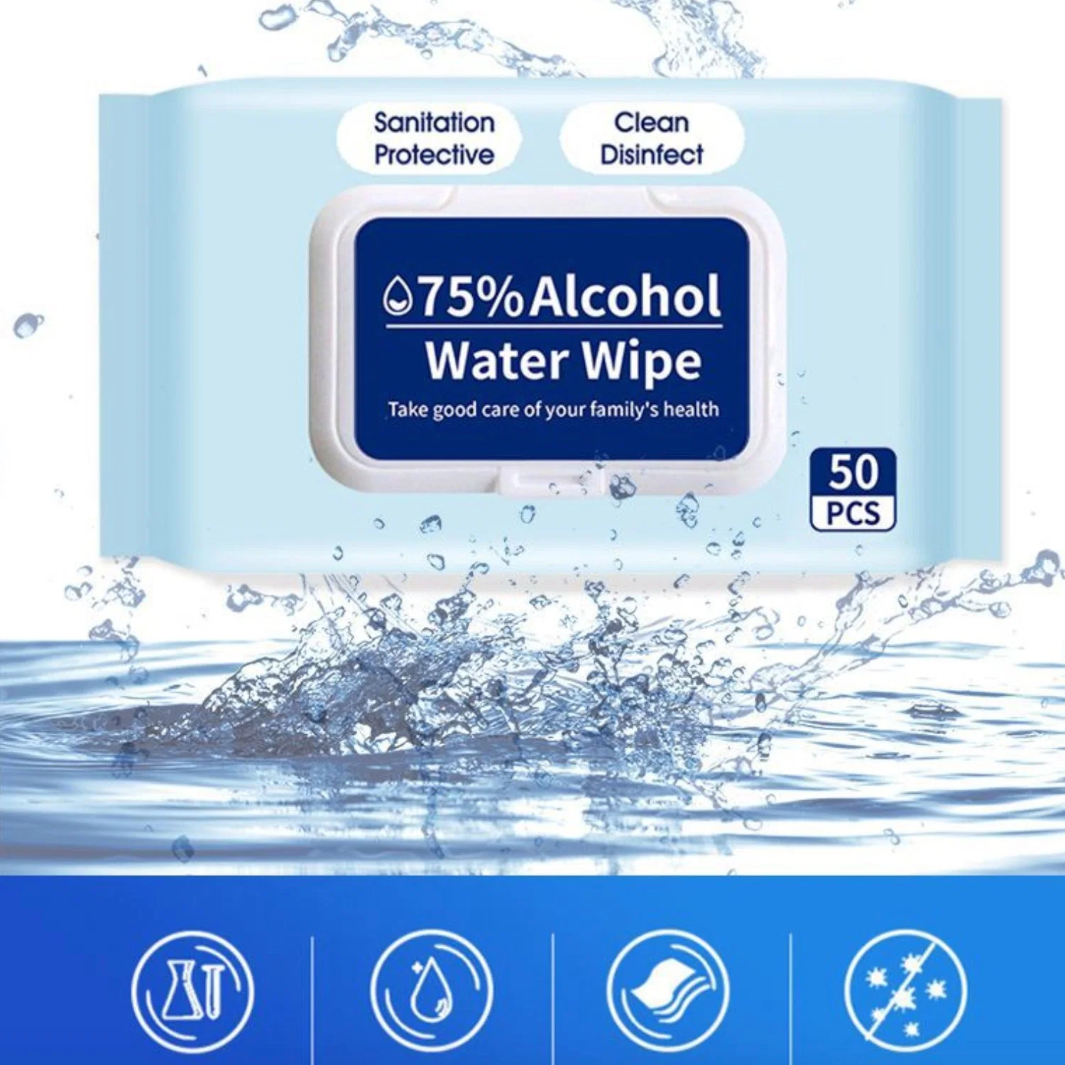 Household Protective Antibacterial Disinfectant Alcohol Wet Wipes with 50 PCS