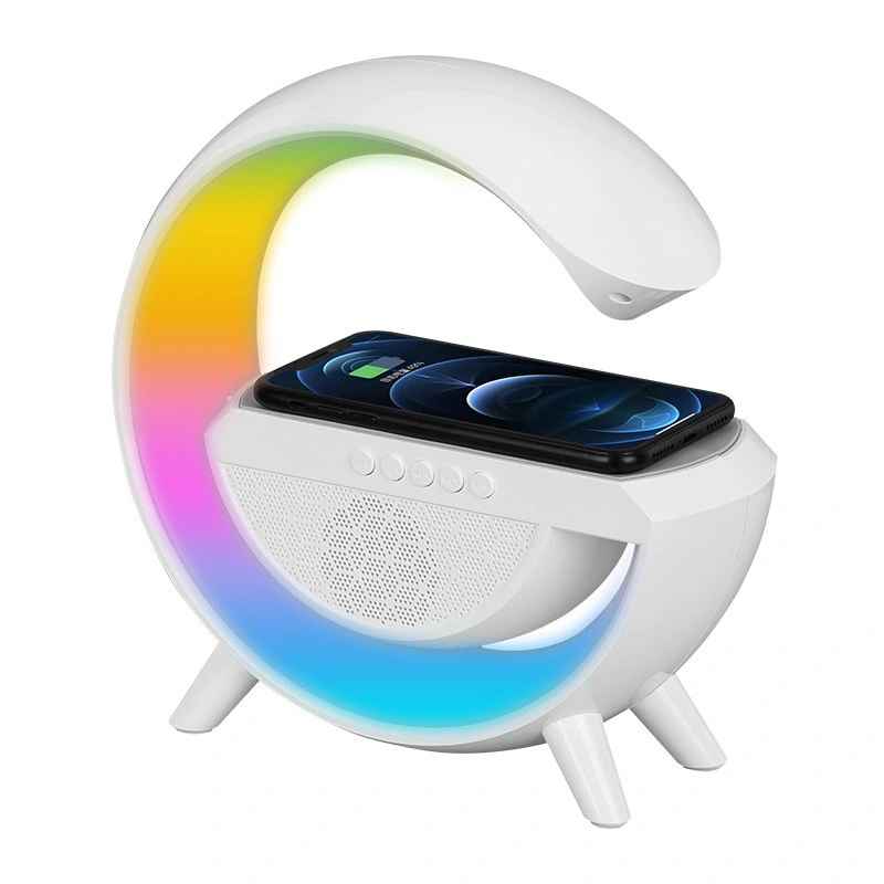 2023 New Multi-Functionl Portable G Shape Party RGB Speakers Table Lamp with Fast Wireless Charger Bluetooth Wireless Speaker and Digital Alarm Clock LED