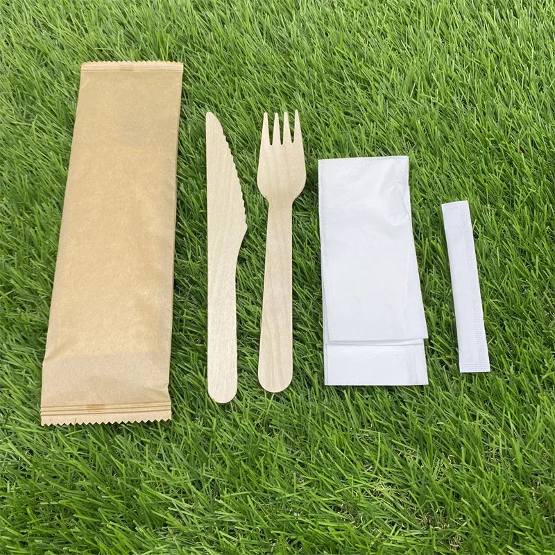 Biodegradables desechables de papel Kraft envuelto de 160 mm, 140mm Juegos de cubiertos de madera