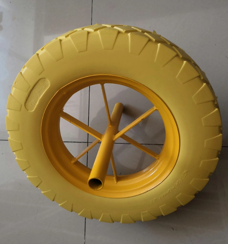 Factory Price Polyurethane Wheelbarrow Tyer, PU Wheel Wheelbarrow Wheel with Popular Big Square Tread Pattern and Long Axle 4.00-8