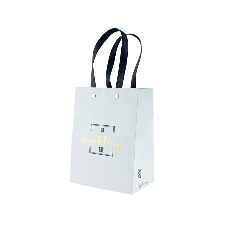 Customized Gold Logo Stamping Flat Handle White Shopping Gift Paper Bag