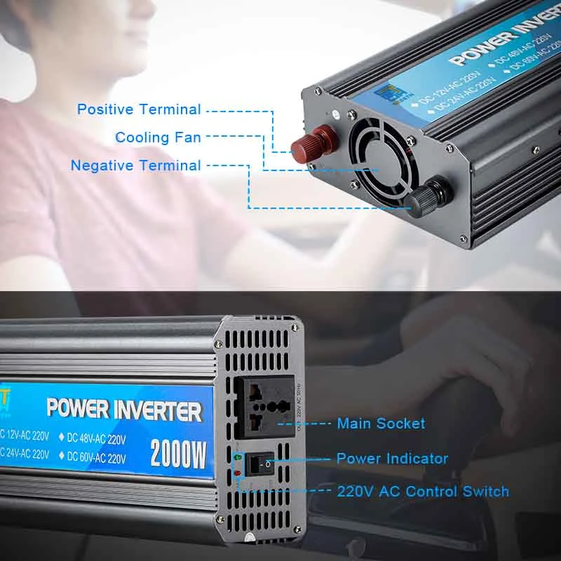 High Efficiency Power Inverter 2000W DC12V to AC220V Modify Sine Wave