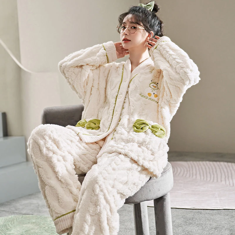 Pijama de terciopelo de coral de manga larga y pantalones de tela ropa hogar engrosada