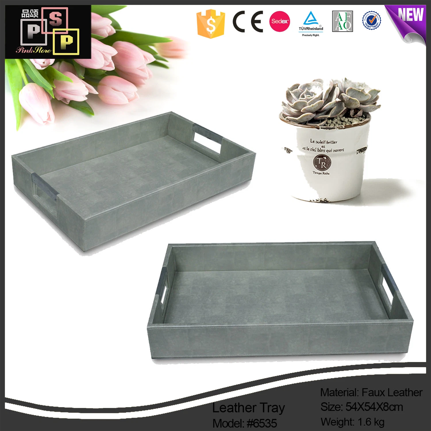 High-End Grey Color Square Leather Cover Wooden Serving Tray for Hotel