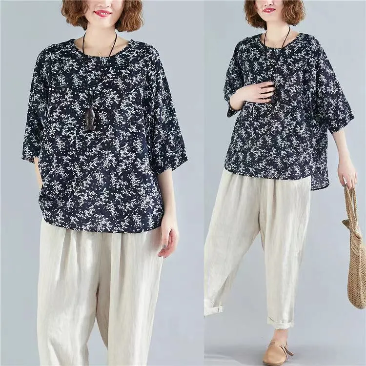 Summer Fashion Women's Woven Cotton/Linen Printed Shirt Blouse
