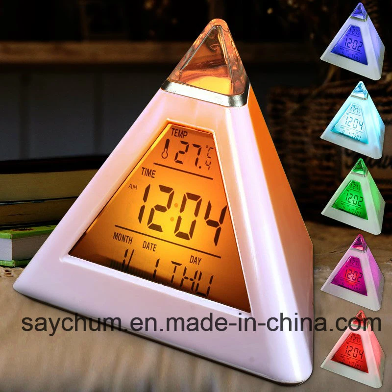 Charminer 7 LED Pyramid Change Colour Digital Clock with Date Alarm Temperature Alarm Clock ABS Electronic Component