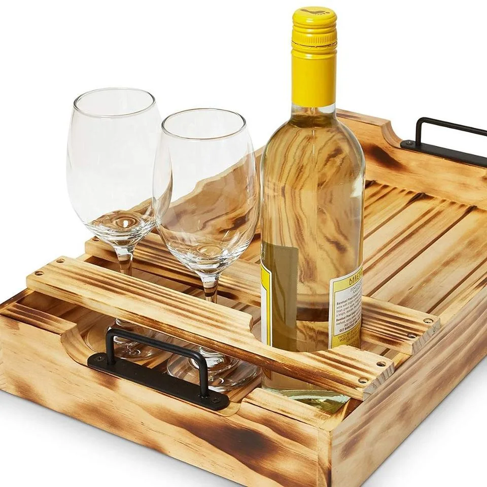 Wood/Wooden Serving Tray with Metal Handle for Wine/Breakfast/Appetizer