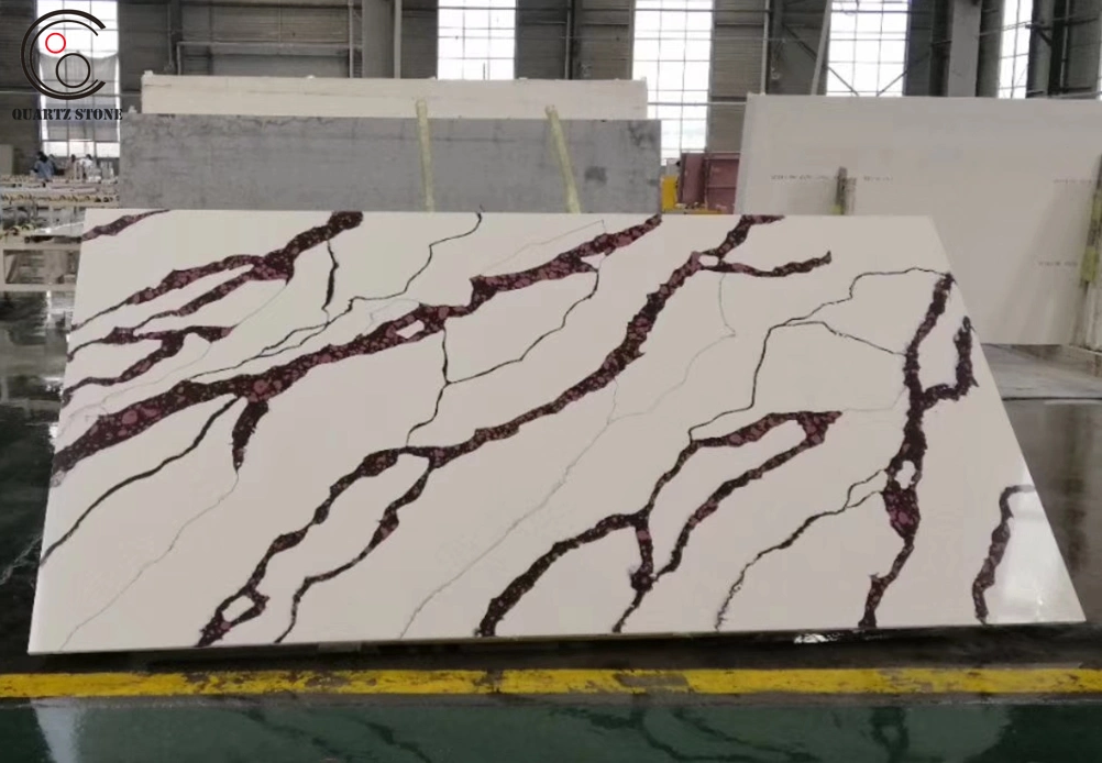 New Beautiful Design Rose Calacatta Artificial Quartz Stone Slab with Red Veins