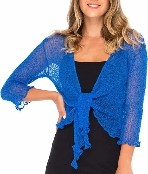 Women Solid Color Ribbed Long Sleeve V Neck Knit Shrug Tie Cardigan