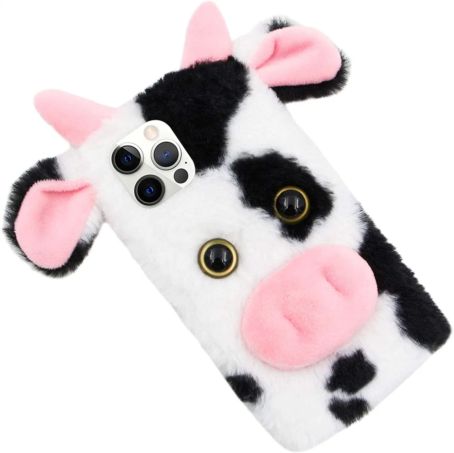 Plush Mobile Phone Case Cow Piglet Protective Cover, Cartoon Animal Faux Fur Shell Plush Shockproof Back Cover