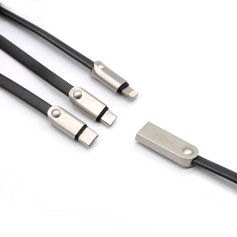 3 in 1 Zinc Alloy Flat USB Charging Cable Mobile Phone Accessories for iPhone Android and Type-C