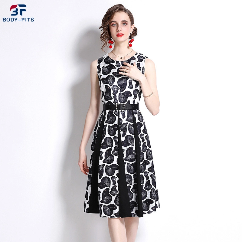 2023 Sweet Beauty Dress Round Neck Sleeveless Fashion Jacquard Black MID-Length Dress