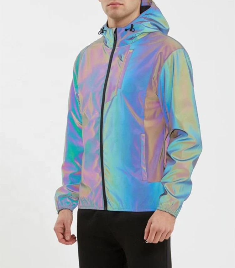 High-End Iridescent Streetwear Full Zip Reversible Wearing Reflective Rainbow Jacket with Hood