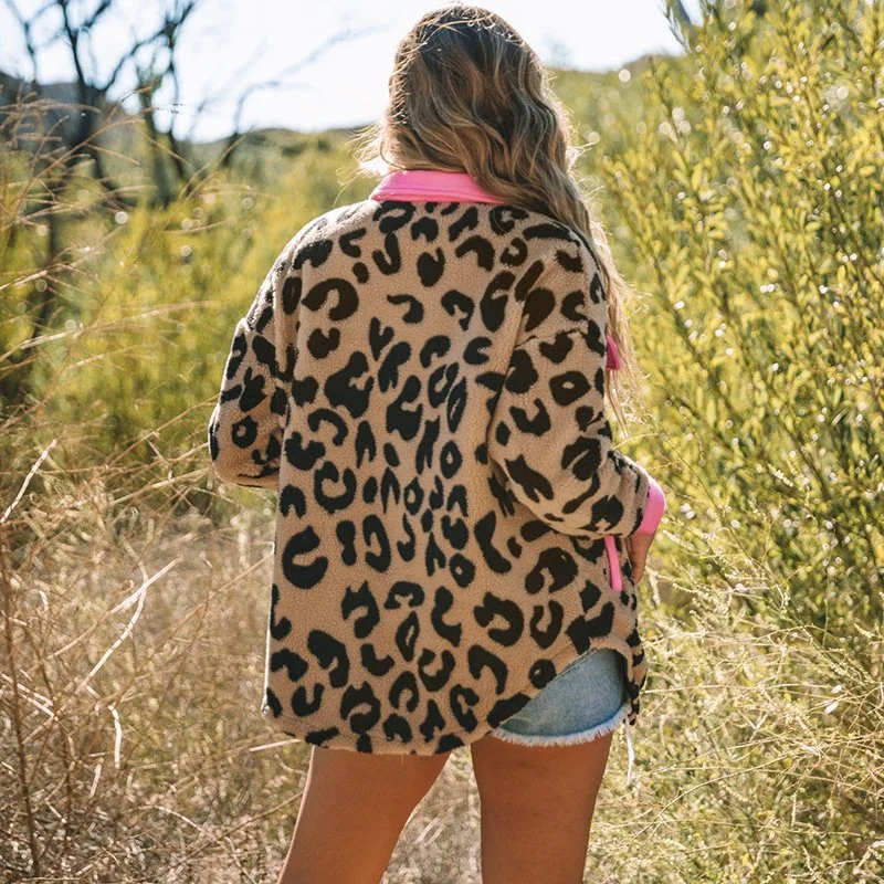 Neon Pink Contrast Trimmed Leopard Teddy Shackets Flannel Women Long Sleeve Shacket Jacket Coat Shacket