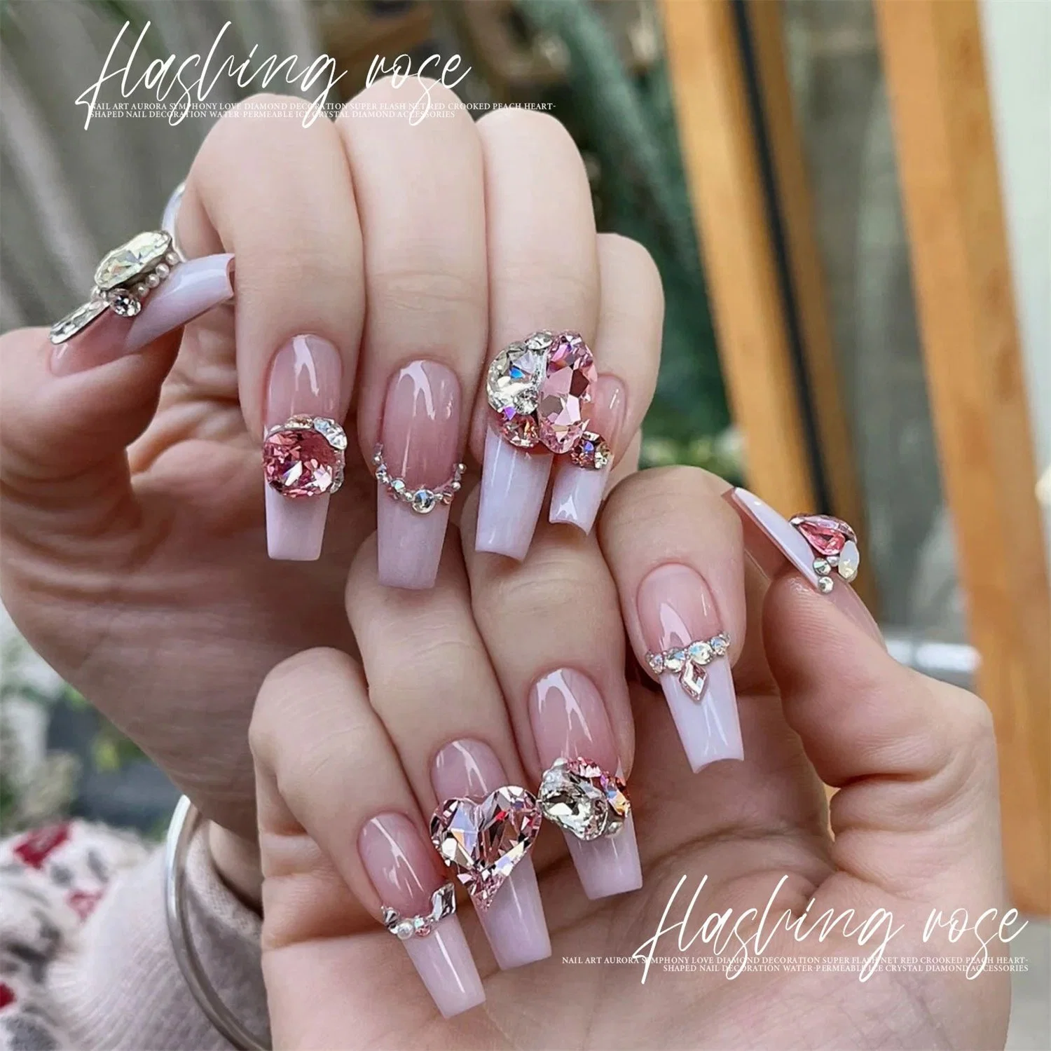 Manicure K9 Girl Cherry Blossom Pink Tip Bottom Love Heart Diamond Stones Nails Super Glitter Skew Heart Multiple Cut Sides Glass Diamond Ornaments