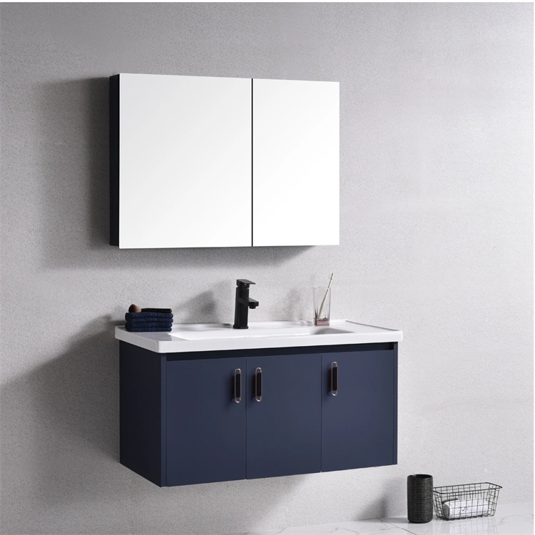 Washroom Lavatory SS304 Blue Color Bathroom Cabinet Vanity Large Storage Space with Ceramic Basin